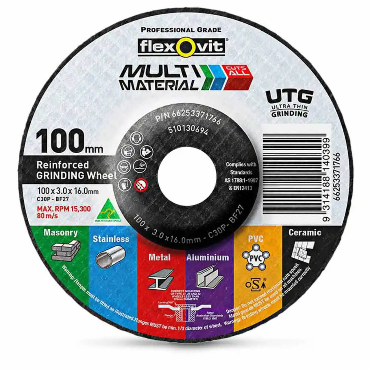 Flexovit C30/2P Type 27 100x 3x16 Multi Material Grinding Wheel 10/pk