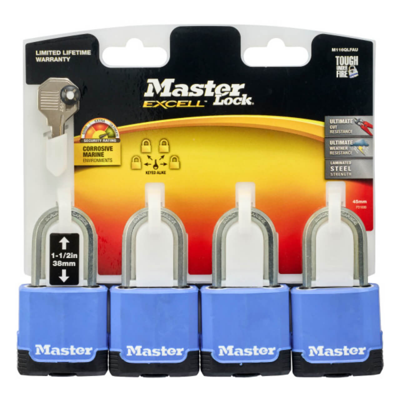 Master Lock Padlock Excell Laminated Covered 45mm With 38mm Long Shackle 4pk