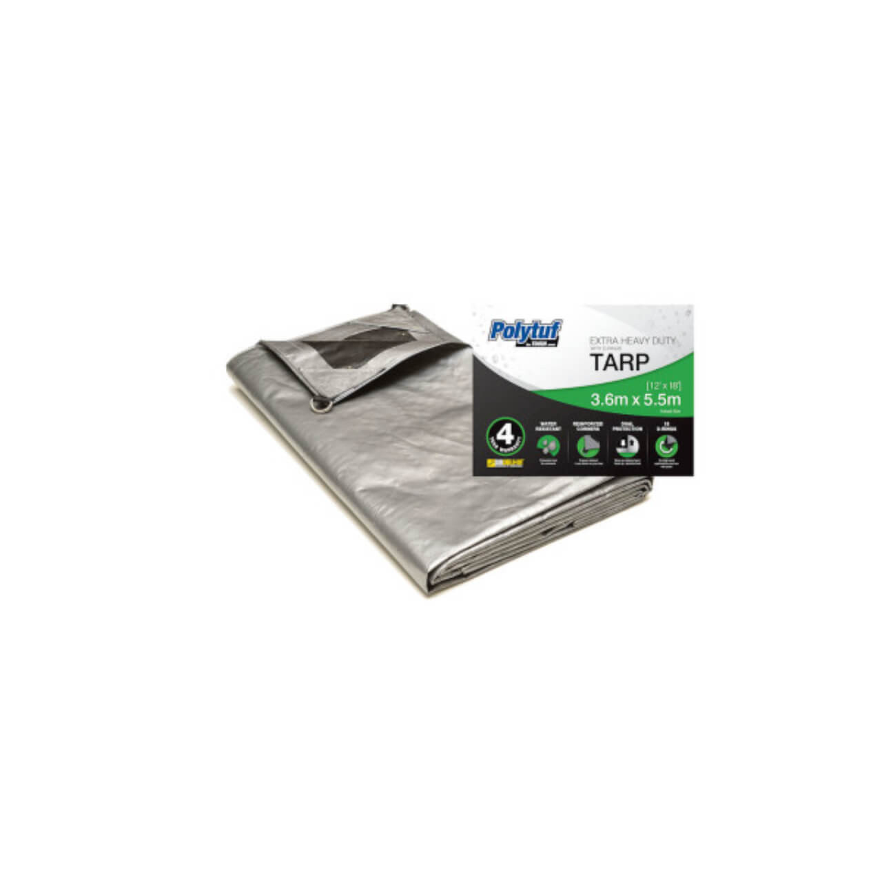 Polytuf 3.6m x 5.5m D-Ring Heavy Duty Silver/Black Tarp