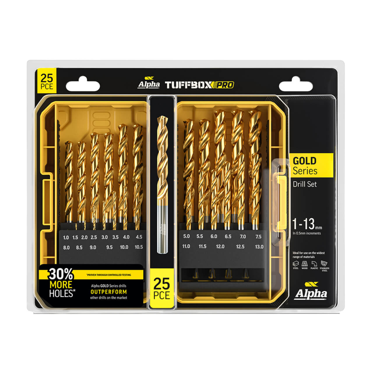 Alpha 1.0-13.0mm Metric Gold Series Tuffbox Pro Drill Set 25pc