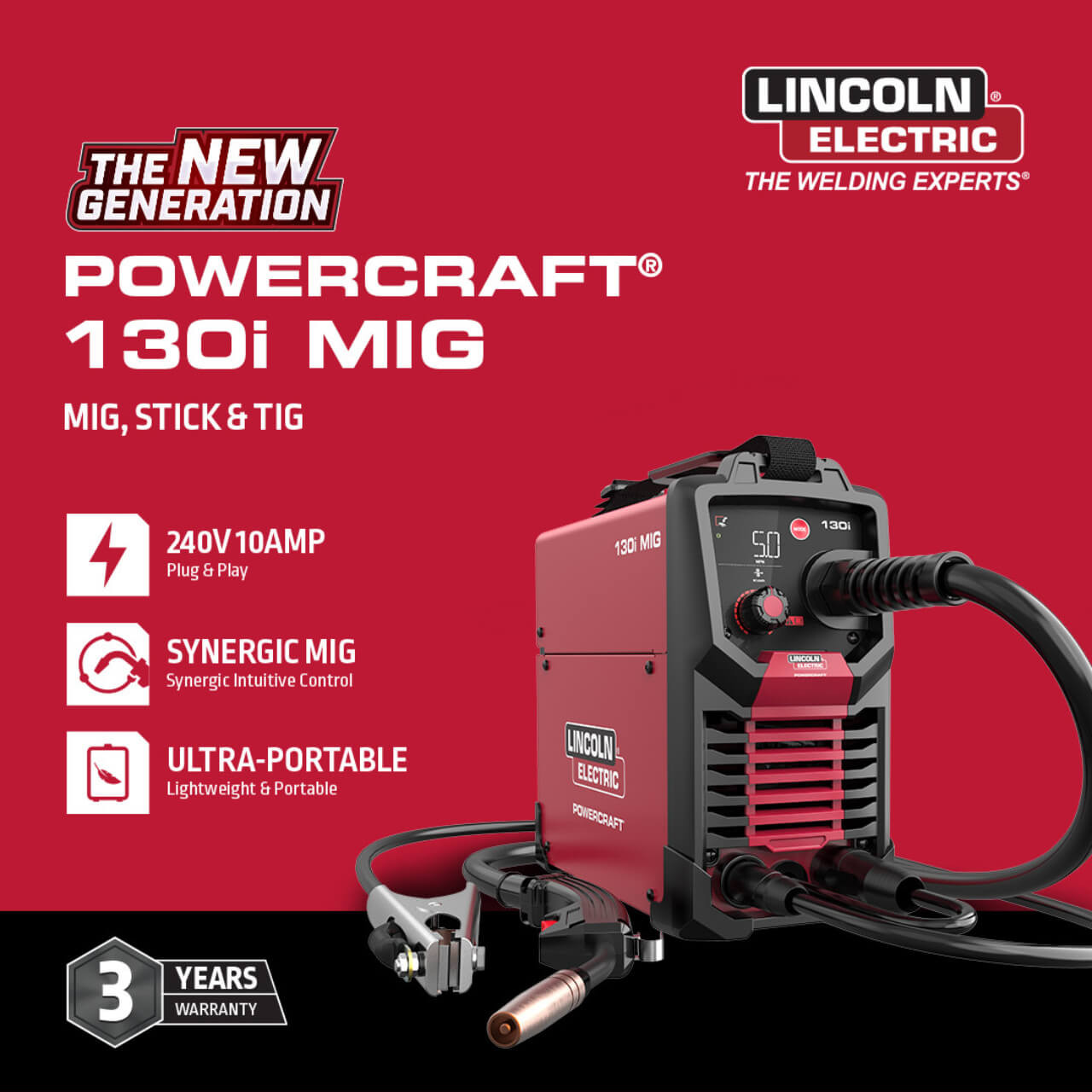 Lincoln Powercraft 130i 3-in-1 10amp Multi Process Welder