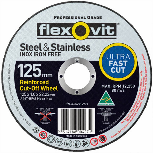 Flexovit A46TBF41 Mega Inox 125x1x22 Cutting Disc 100/box