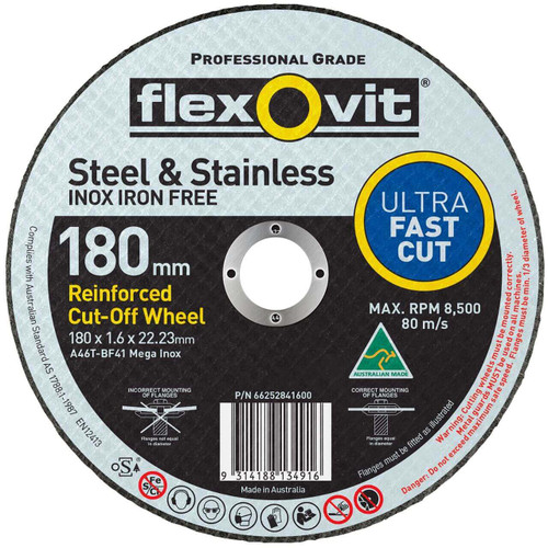 Flexovit A46TBF41 Mega Inox 180x1.6x22 Cutting Disc 50/box