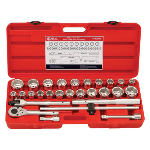Genius 22-50mm & 7/8-2” 3/4 Dr 6pt  12pt C/V Std Hand Socket Set Metric & Imperial 28pce