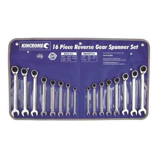 Kincrome Reversible Combination Gear Spanner Set Metric & Imperial 16pce