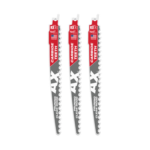 Milwaukee Sawzall 225mm The Ax With Carbide Teeth or Pruning & Clean Wood Reciprocating Saw Blade 3pk