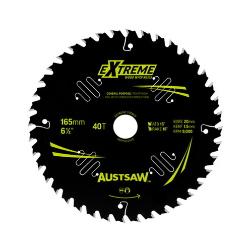 Austsaw Extreme: Wood with Nails Blade 165mm x 20/16 Bore x 40 T Thin Kerf