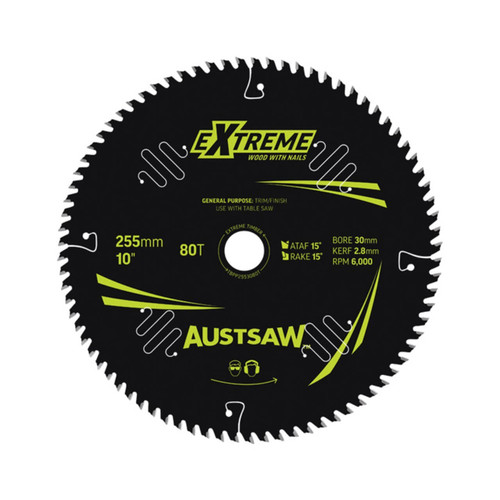 Austsaw Extreme: Wood with Nails Blade 255mm x 30 Bore x 80 T Table Saw