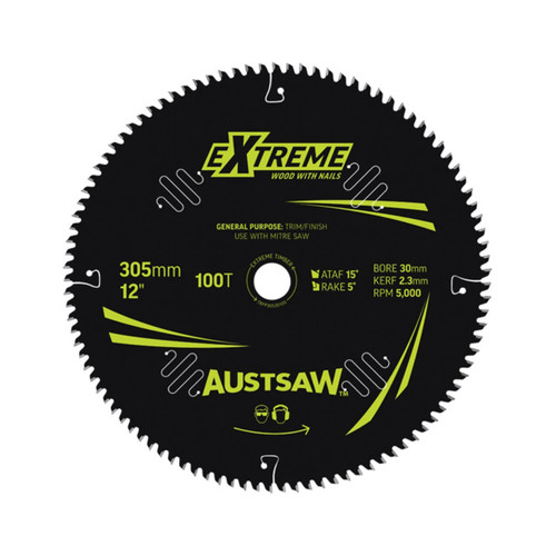Austsaw Extreme: Wood with Nails Blade 305mm x 30 Bore x 100 T Thin Kerf