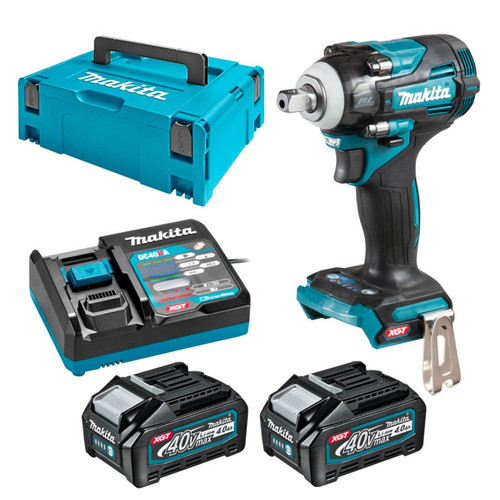 Makita 40V Max Brushless 1/2” Pin Detent Impact Wrench - Includes 2 x 4.0Ah Batteries. Single Port Rapid Charger & Makpac Case Type 2