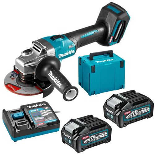 Makita 40V Max BRUSHLESS 125mm (5”) Angle Grinder. Slide Switch - Includes 2 x 4.0Ah Batteries. Single Port Rapid Charger & Makpac Case Type 4