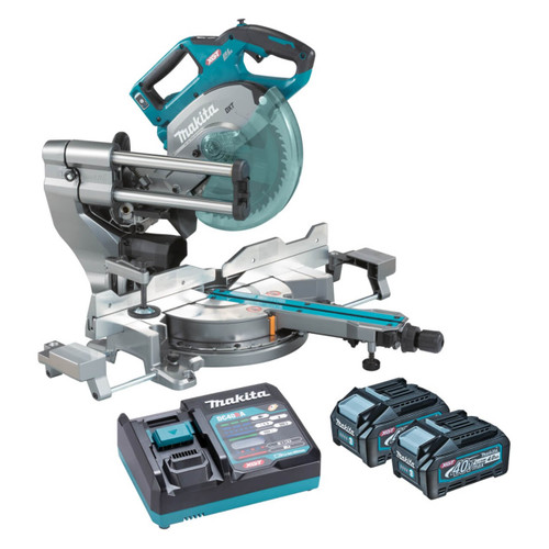 Makita 40V Max BRUSHLESS AWS* 216mm (8-1/2”) Slide Compound Mitre Saw - Includes 2 x 4.0Ah Batteries & Single Port Rapid Charger