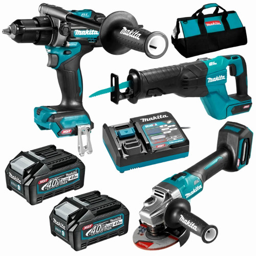 Makita 3 Piece BRUSHLESS Combo Kit - HP001GZ. JR001GZ. GA005GZ. 2x BL4040. DC40RA & TOTE BAG (199935-1)