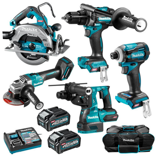 Makita 5 Piece BRUSHLESS Combo Kit - HP001GZ. TD001GZ. GA005GZ. HR001GZ. HS003GZ. 2x BL4040. DC40RA & TOOL BAG (832367-6)