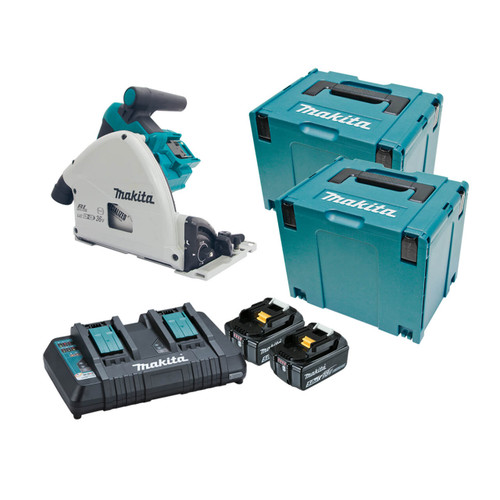 Makita 18Vx2 BRUSHLESS 165mm Plunge Saw Kit - Includes 2 x 5.0Ah Batteries. Dual Port Rapid Charger & 2 x MakPac Case