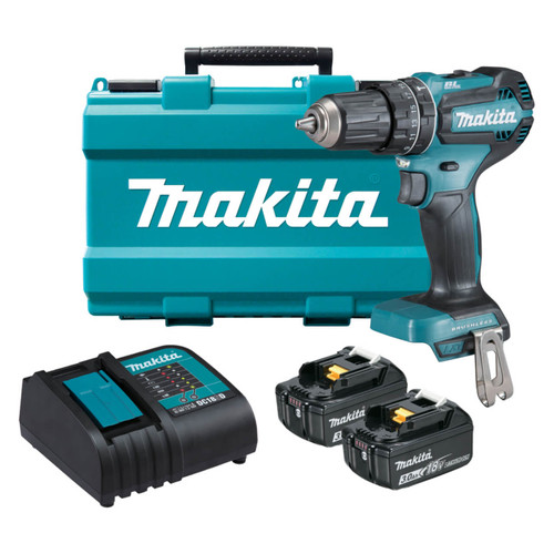 Makita 18V BRUSHLESS Hammer Driver Drill Kit - Includes 2x 3.0Ah Batteries. Charger & Carry Case