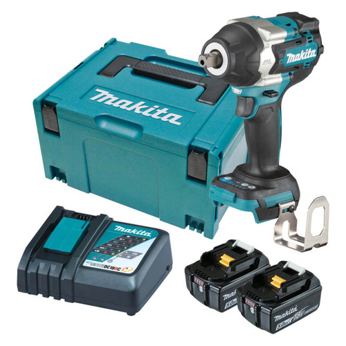 Makita 18V BRUSHLESS 1/2” Detent Pin Impact Wrench. 700Nm - Includes 2 x 5.0Ah Batteries. Rapid Charger & Makpac Case