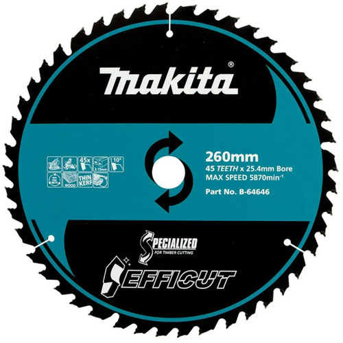 Makita Efficut 260mm x 25.4mm x 45T TCT Wood Saw Blade - Mitre Saw