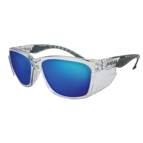 Rayzr Clear Frame Blue Mirror Lens Polarised Safety Glasses Rayzr Clear Frame Blue Mirror Lens Polarised Safety Glasses