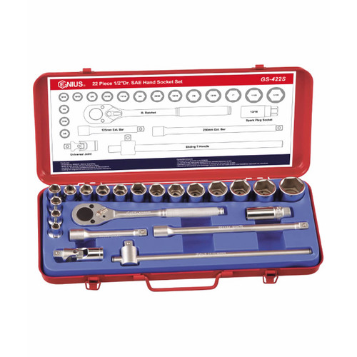 Genius 5/16-1-1/2 1/2 Dr C/V 6pt Hand Socket Set Imperial 27pce