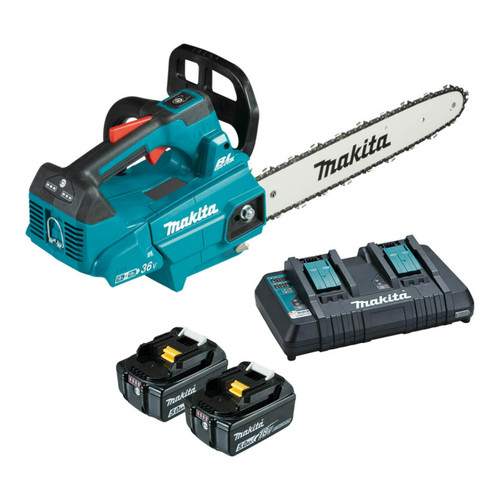 Makita 18Vx2 300mm BRUSHLESS Top Handle Chainsaw - Includes 2 x 5.0Ah Batteries & Dual Port Rapid Charger