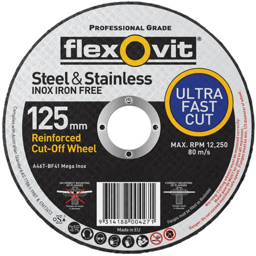 Flexovit A46TBF41 Mega Inox 125x2x22 Cutting Disc 100/box