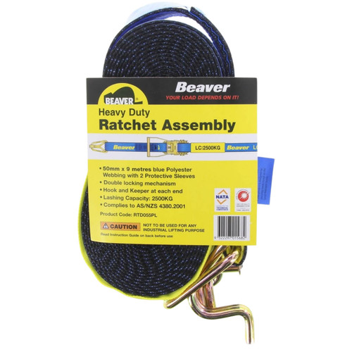 Beaver Ratchet Tie Down 50mmx9m 2500kg Hook & Keeper