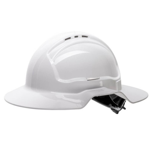 White Broad Brim Vented Hard Hat – Ratchet