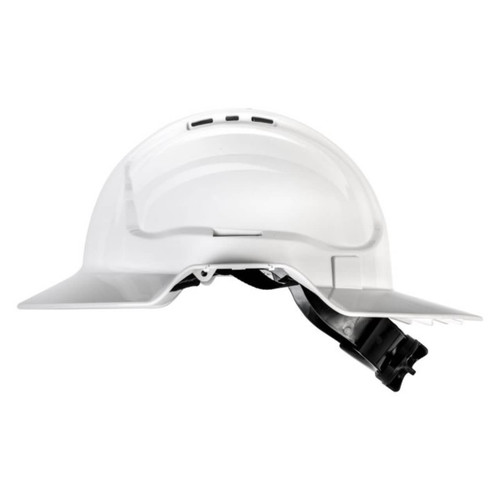 White Broad Brim Vented Hard Hat – Ratchet