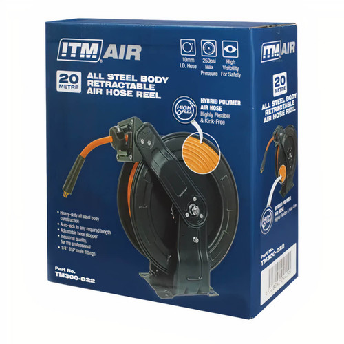 ITM Steel Retractable Air Hose Reel 10mm x 20m Hybrid Polymer Air Hose With 1/4” Bsp Male Fitting