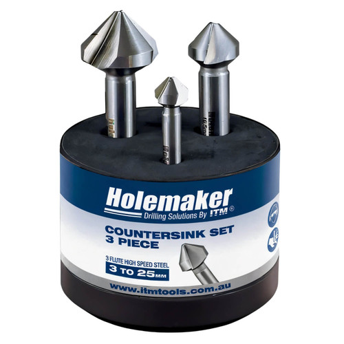 Holemaker Countersink Set 3 Piece 3 Flute 90 Degree 10.4mm, 16.5mm, 25.0mm