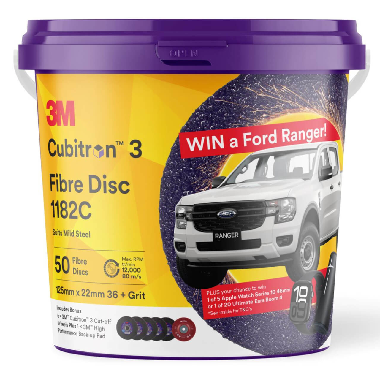 3M Cubitron 3 Bucket (Includes 50x 1182C 125mm 36+ Fibre Disc's, 1x Back up Pad & 5x 125mm 1mm Cutting Discs)