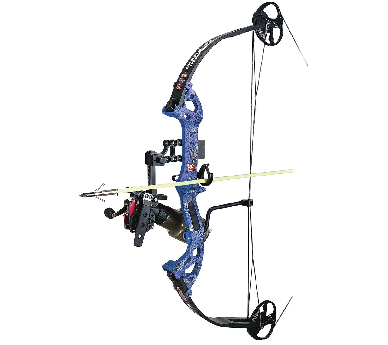 PSE Discovery Right Hand DK'd Blue Camo 40lb Cajun Bowfishing Bow Package