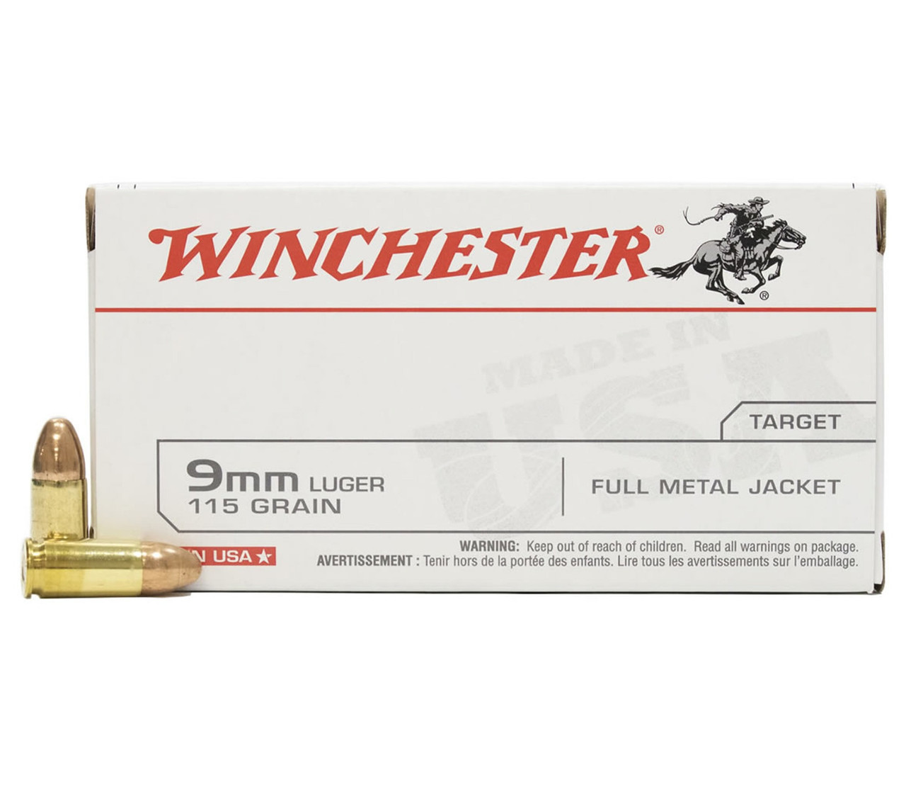 Winchester USA 9MM Luger 115 gr FMJ 1190 FPS 50/Box Ammo Q4172