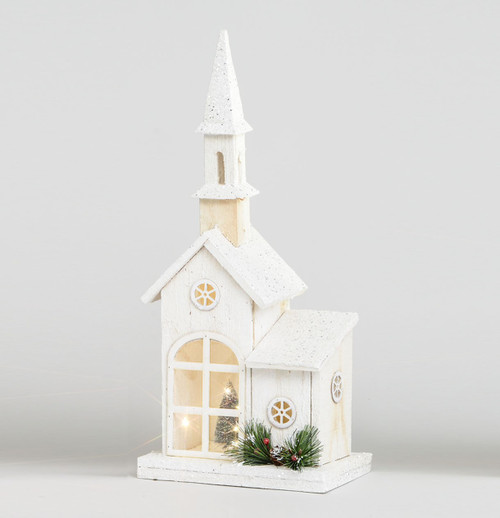 56cm Wooden Church LED White