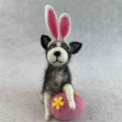 Felt Black and white Dog with Bunny Ears and egg 9x5x13.5cm