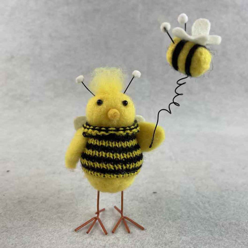 Felt Chick with stripy jumper holding a Bee 7x5x15cm