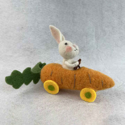 Felt Rabbit driving a carrot car 22x6x14.5cm