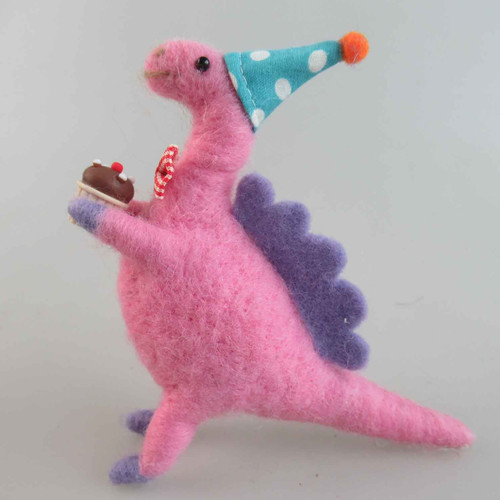Felt Pink Dinosaur with spotty hat 11x4.5x12cm