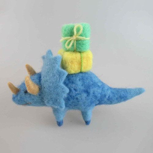 Felt Blue Dinosaur carrying presents 17x5x12cm
