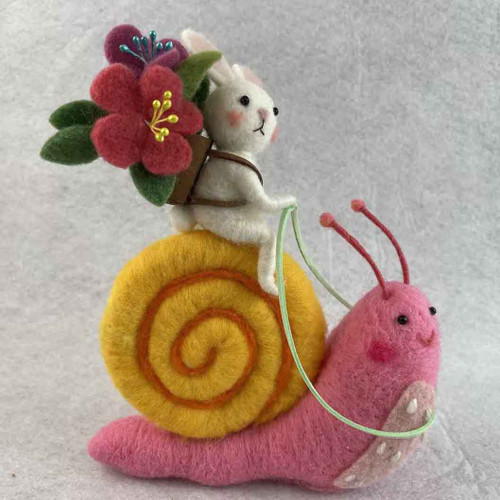 Felt Snail carrying a rabbit with flowers 16x6x21cm