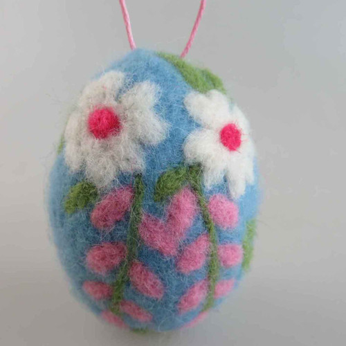 Felt Blue Egg with White Flower 5x5x7cm