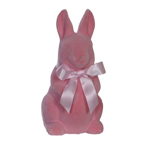 Flocked Rabbit Sitting with Bow Pink 8.5x6.5x13.5cm