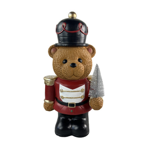 Soldier bear with silver xmas tree LED 25x17x47cm