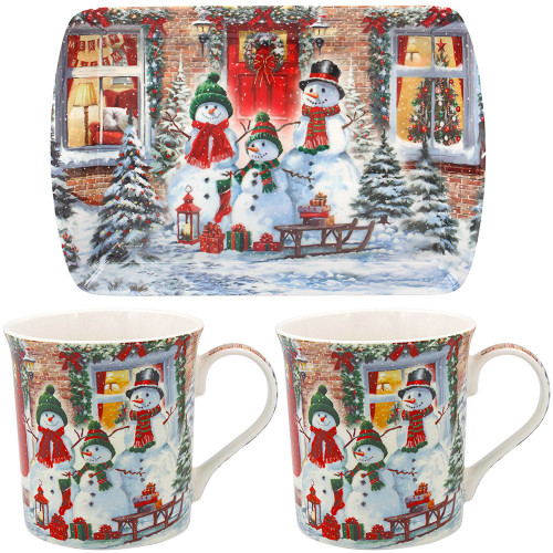 Snowmen Mugs With Tray Set