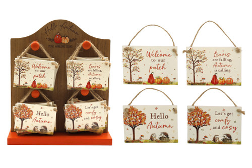 9X6.5Cm Autumn Wooden Hang Dec 4 Asst