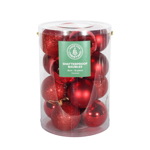 Red  Baubles PVC Tube - 4Matt / 4Glitter / 8Shiny - 8cm - 16 Pcs