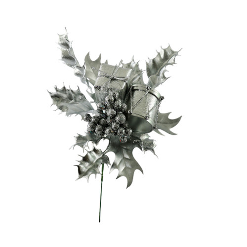 Glitter Drums / Holly & Glitter Berries Pick - Silver 20cm