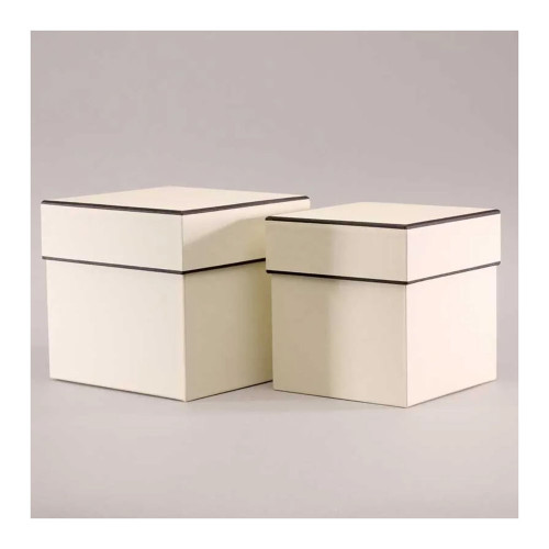 Set of 2- Square Hat Boxes-Cream W/Black Trim (18)