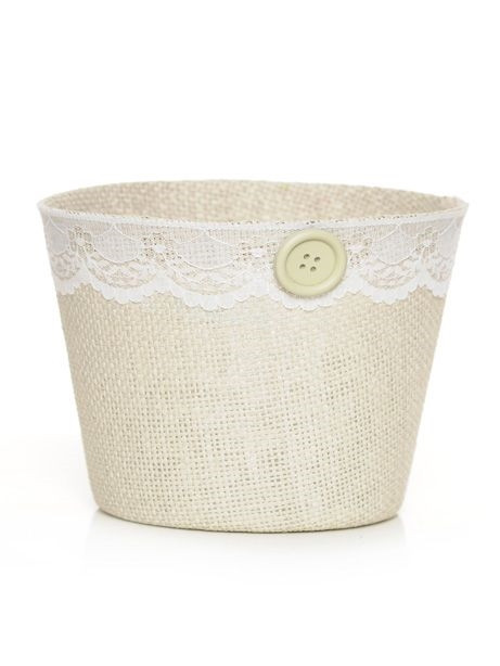Jute Pot Basket Grey With Lace Detail Plastic Lined 16cm